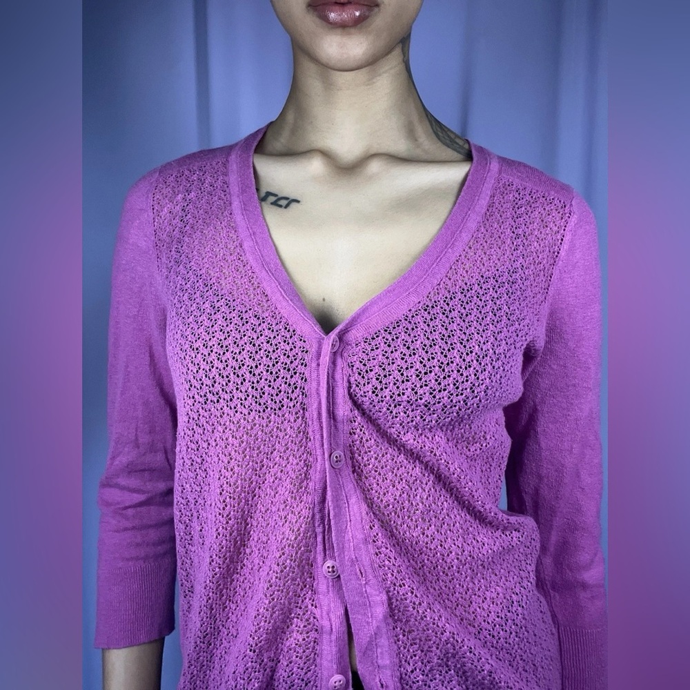 Eddie Bauer Magenta 3/4 Sleeve Knit Cardigan Sweater Size S Button Closure Twee